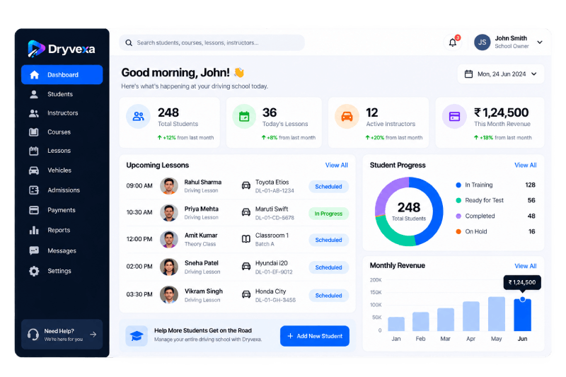 Dryvexa driving school management dashboard